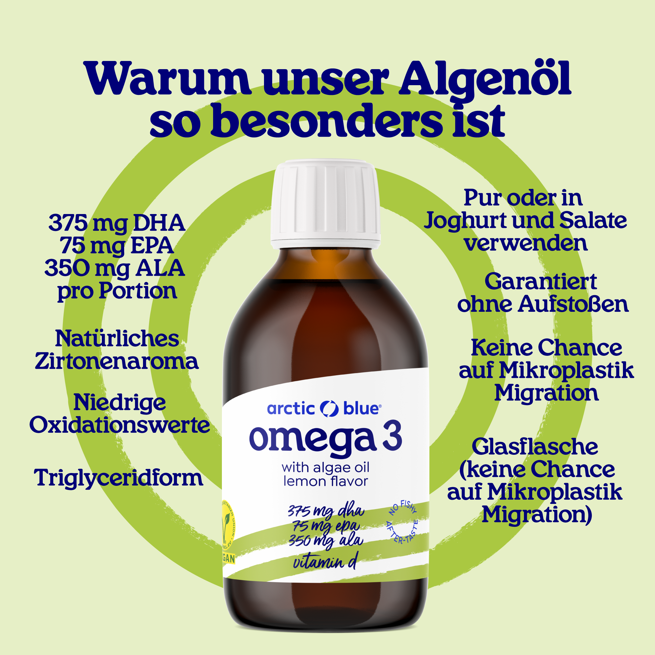 Arctic Blue Omega 3 Algenöl DHA + EPA und Hanfsamenöl ALA mit Vitamin D3