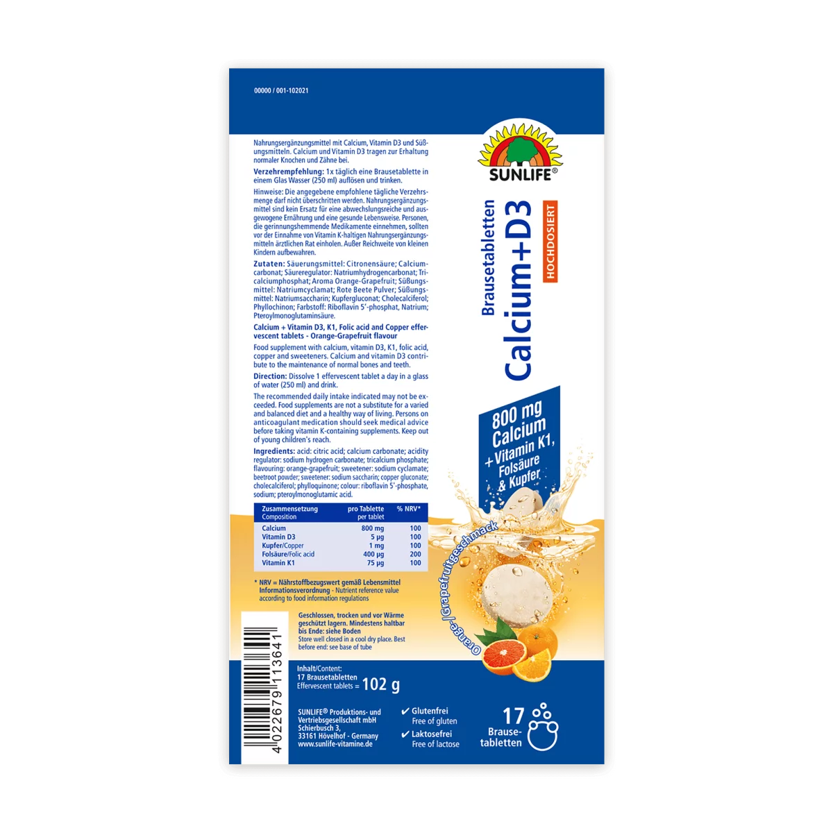 Sunlife | Calcium + Vitamin D3 Brausetabletten - Premium Hochdosiert