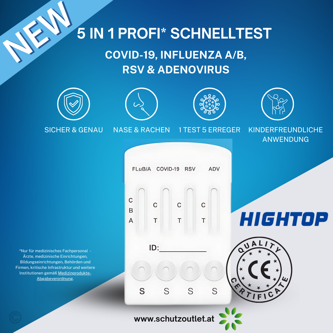 Hightop 5in1 Profi Antigen Combo Test für COVID-19 (Corona), Grippe A/B, RSV, Adenovirus + Gratis NANOVIO FFP2