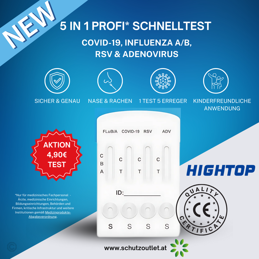 Hightop 5in1 Profi Antigen Combo Test für COVID-19 (Corona), Grippe A/B, RSV, Adenovirus + Gratis NANOVIO FFP2