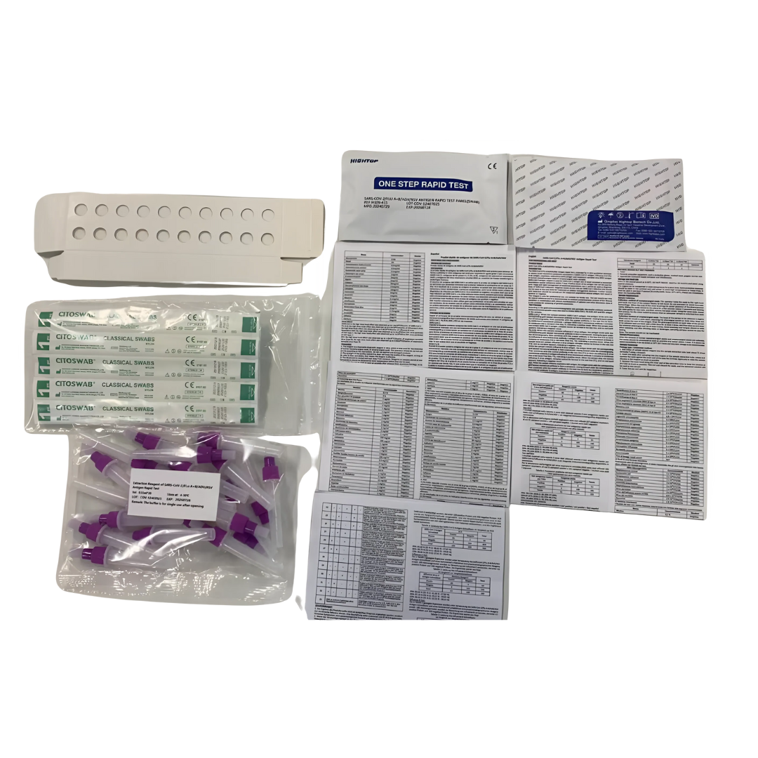 Hightop 5in1 Profi Antigen Combo Test für COVID-19 (Corona), Grippe A/B, RSV, Adenovirus + Gratis NANOVIO FFP2