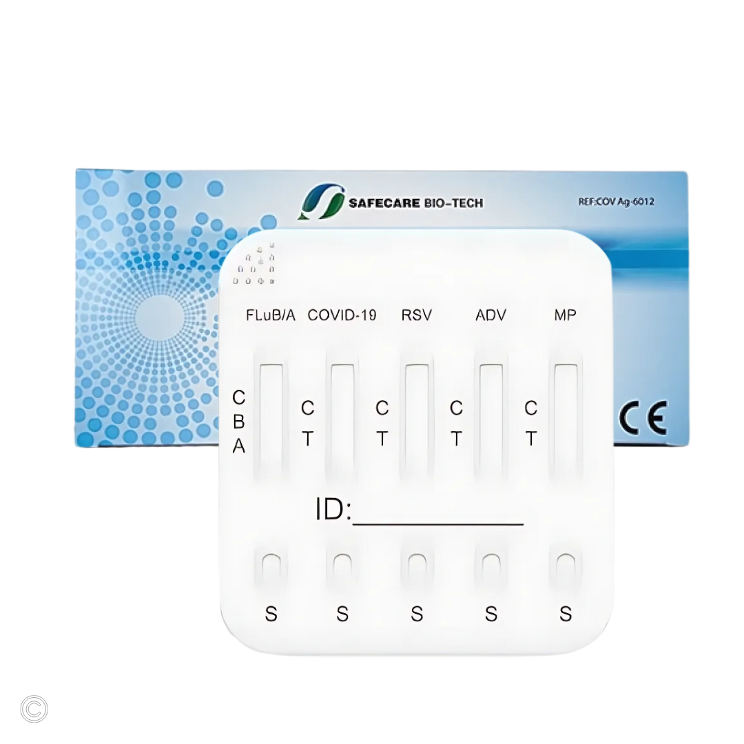 Safecare 6in1  Profi Antigen Combo Test für COVID-19 (Corona), Grippe A/B, RSV, Adenovirus & Mycoplasma + Gratis NANOVIO FFP2