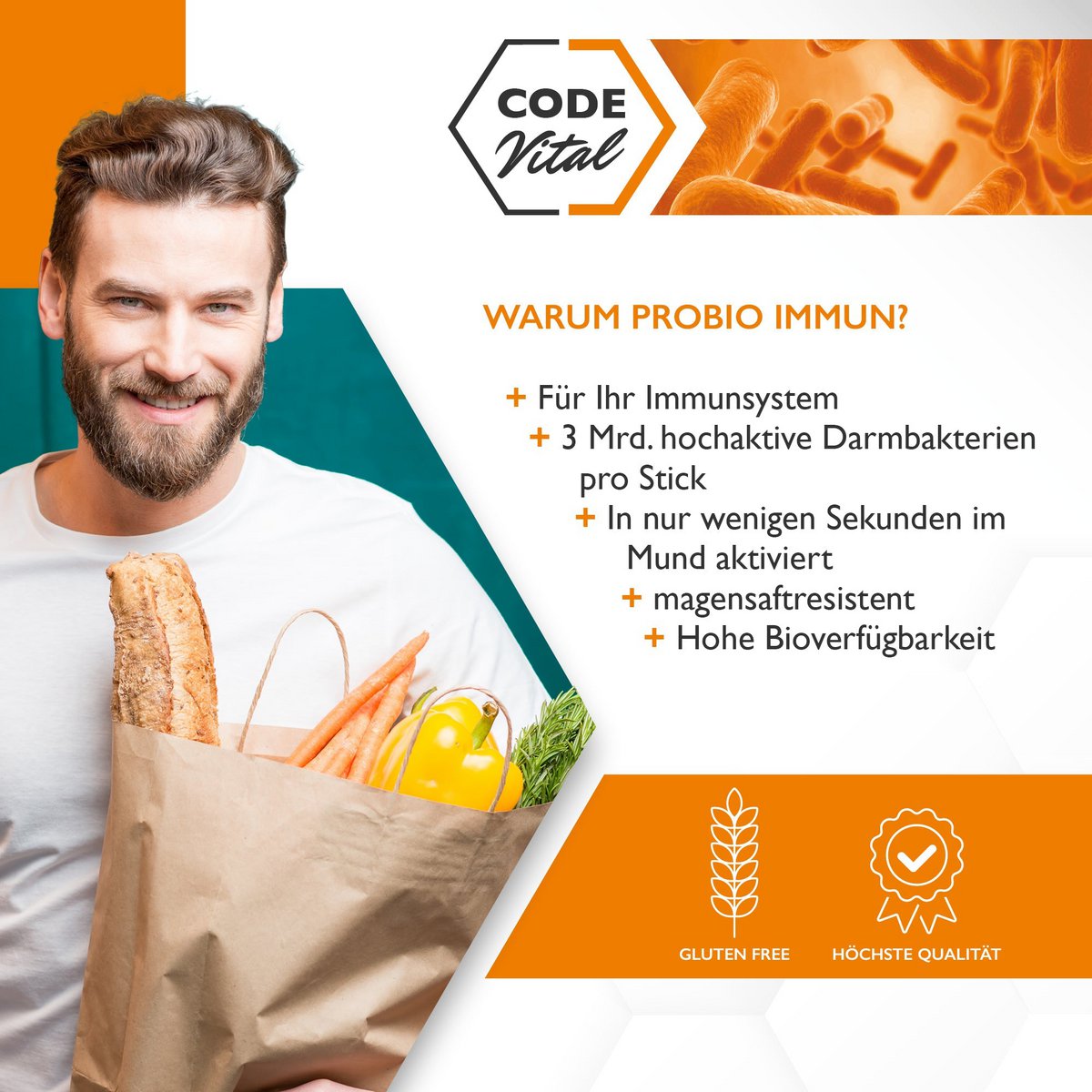 Code Vital Probio Immun - Probiotische Pulver-Sticks "to-Go" + 3 Mrd. KBE + Vitamin D für das Immunsystem