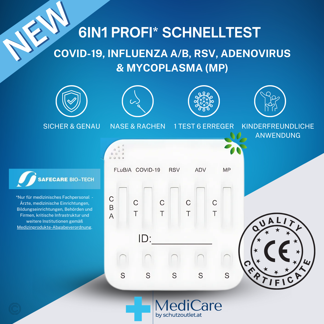 Safecare 6in1  Profi Antigen Combo Test für COVID-19 (Corona), Grippe A/B, RSV, Adenovirus & Mycoplasma + Gratis NANOVIO FFP2