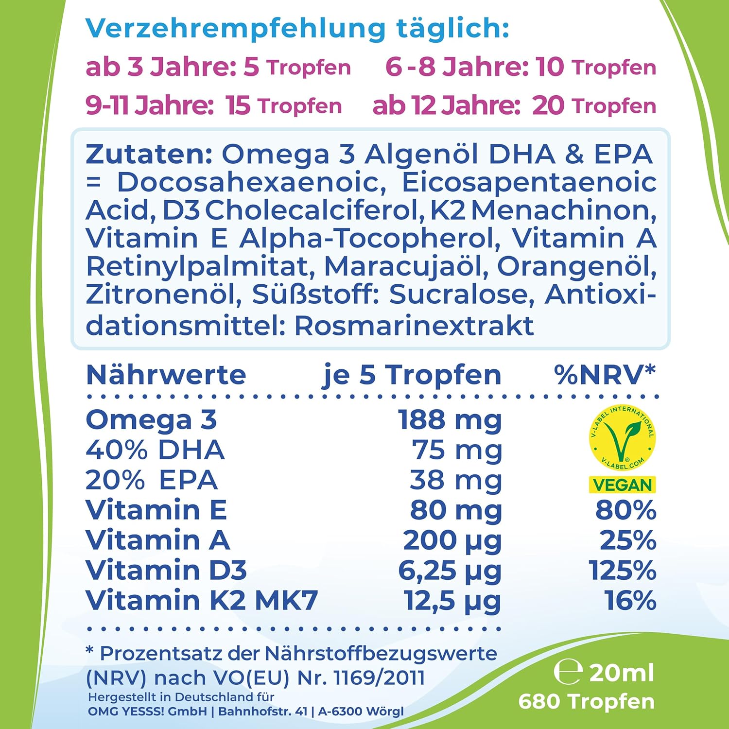 NatureCraft | Vegan Algenöl Omega 3 Plus Tropfen KIDS - 20ml