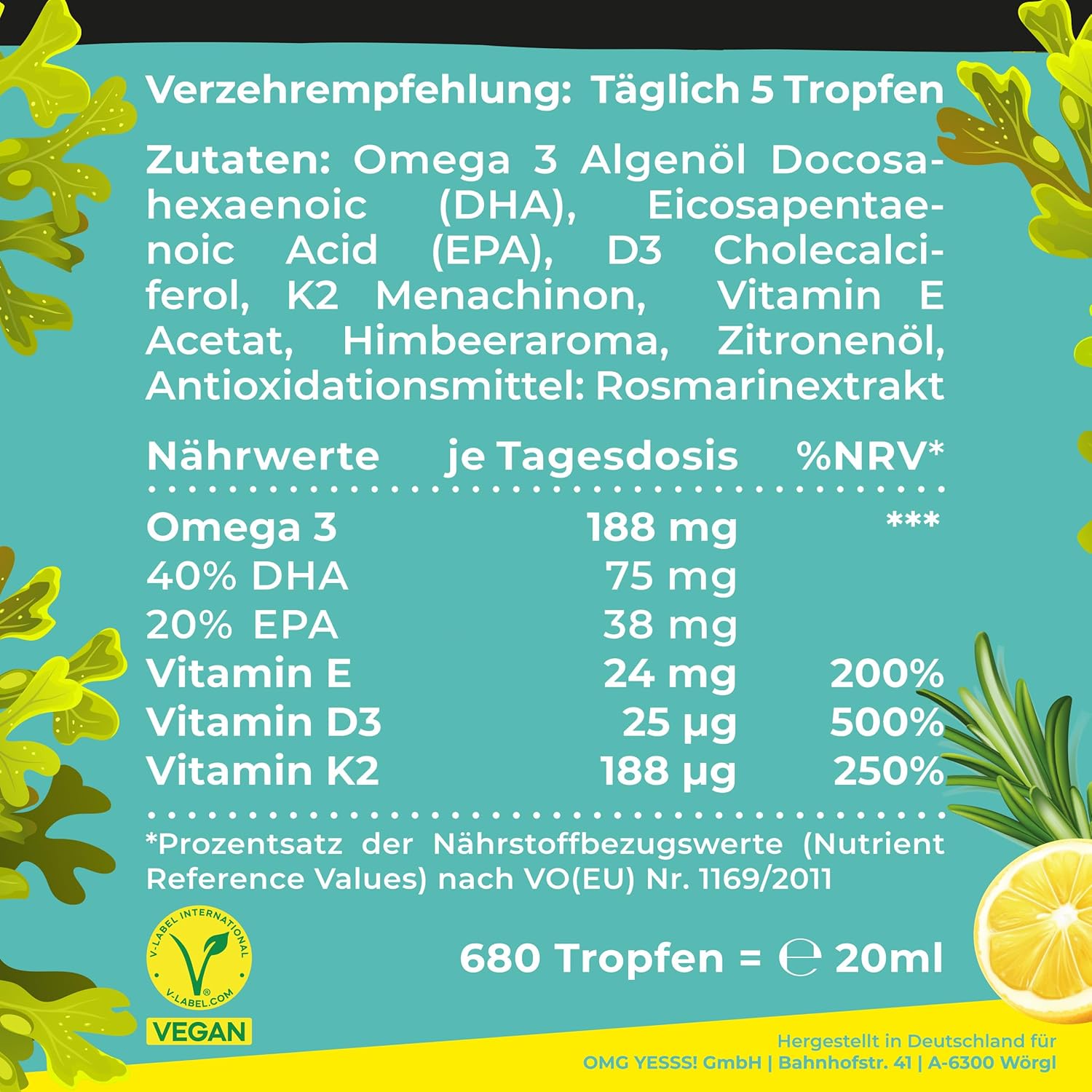 NatureCraft | Vegan Algenöl Omega 3 Plus - 20ml