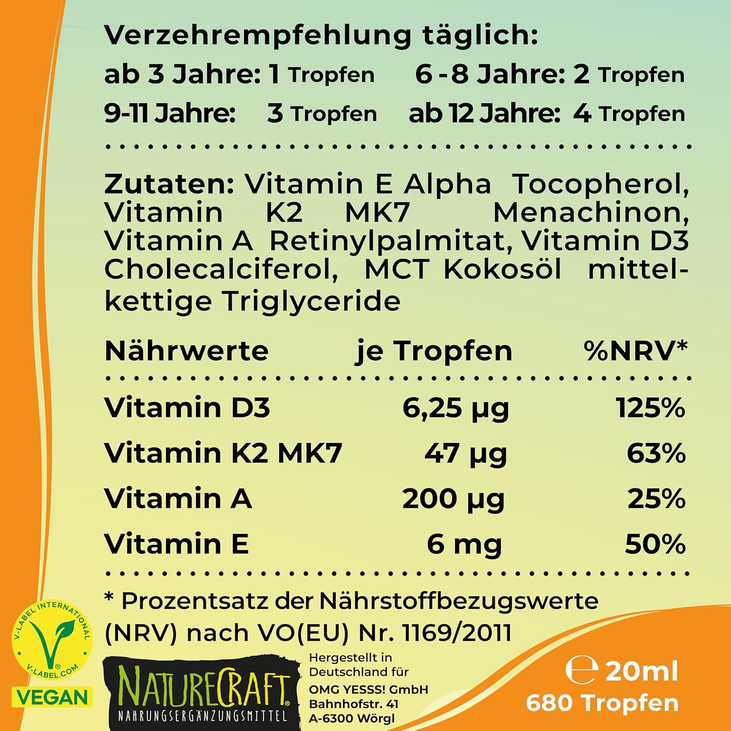 NatureCraft | Vegan Vitamin D3+K2 Tropfen KIDS - 20ml