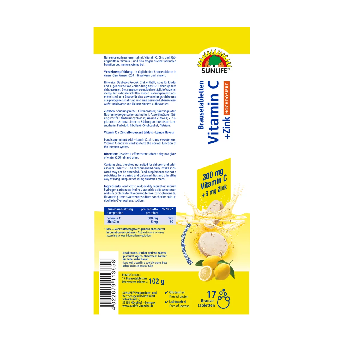 Sunlife | Vitamin C + Zink Brausetabletten - Premium hochdosiert