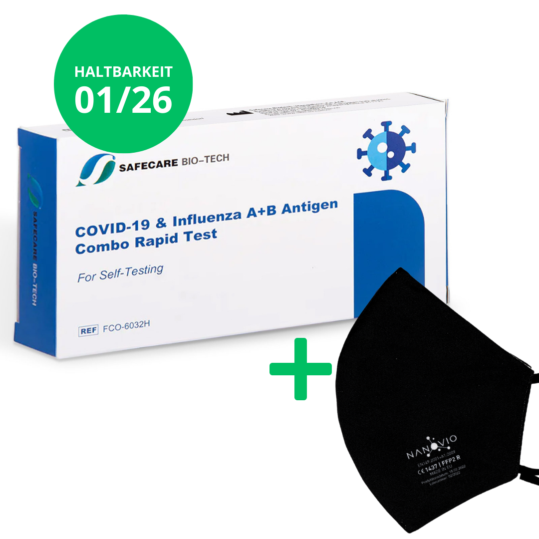 3in1 Safecare Influenza A+B & Antigen Covid-19 Combo Rapid Test - MHD 01/26 + GRATIS NANOVIO FFP2 Nanomaske